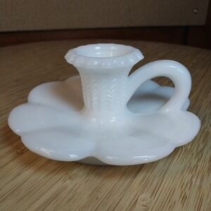 Vtg Kemple Milk Glass Candlestick/Trinket Ring Holder  White Daffodil Flower MCM